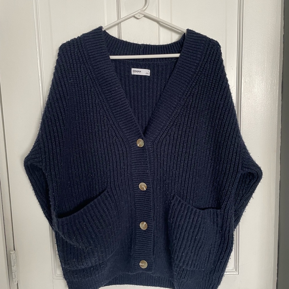 Sonoma Navy Ribbed Button-Front Pocket Cardigan